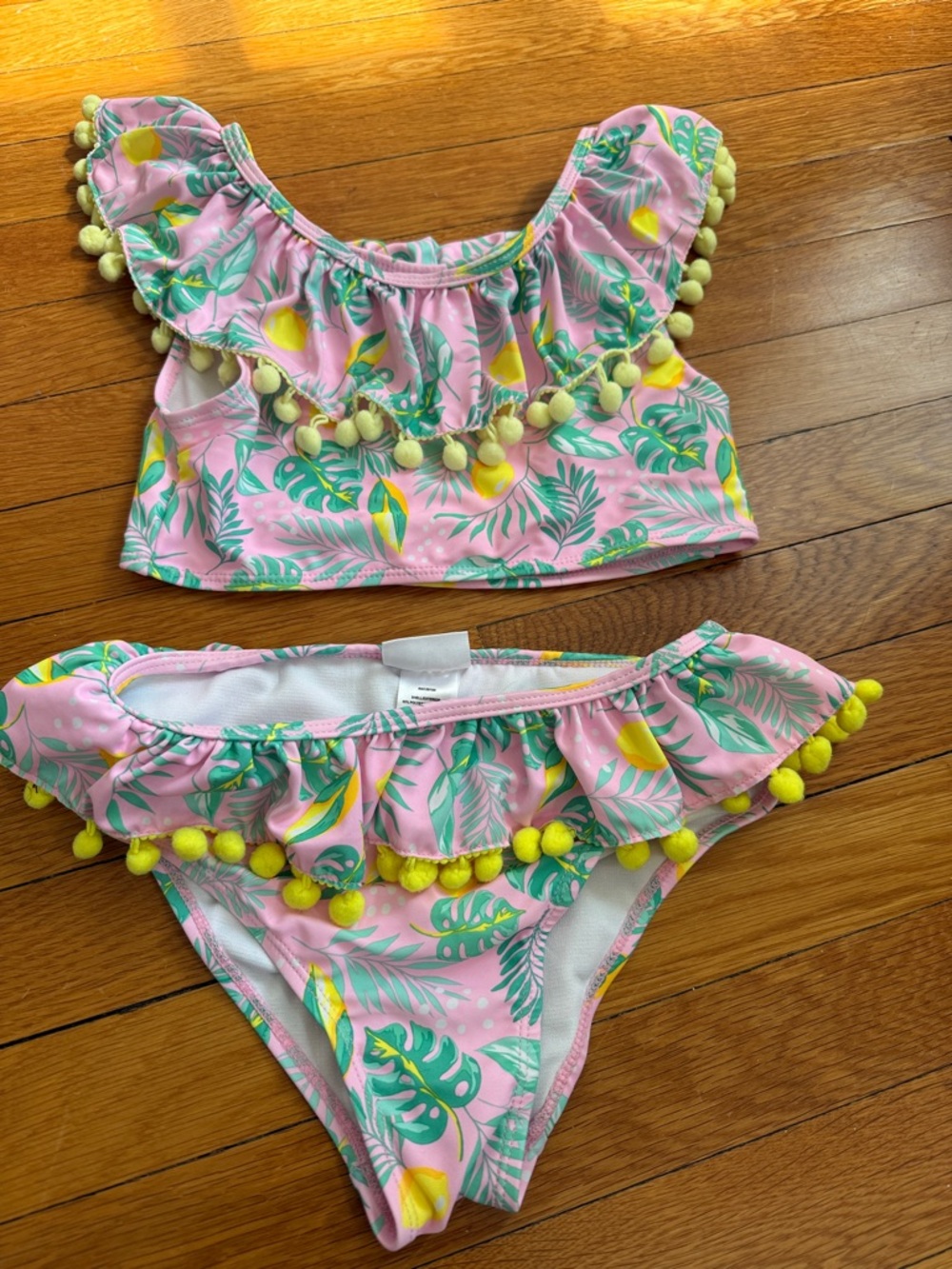 Nicole Miller Pink Tropical Two-Piece Bikini with Yellow Pom-Poms